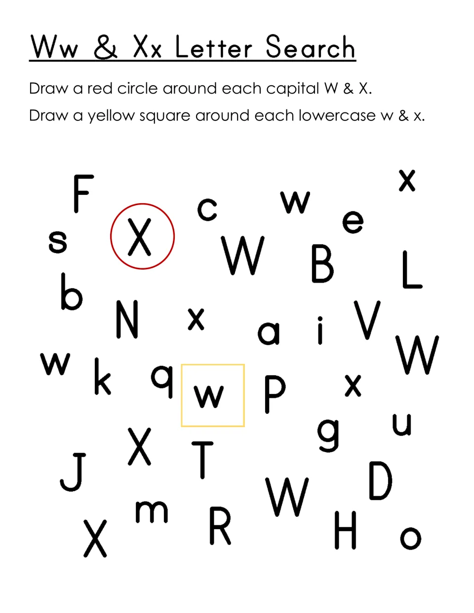 Ww & Xx letter search: students circle capital W and X in red and square lowercase w and x in yellow among mixed letters