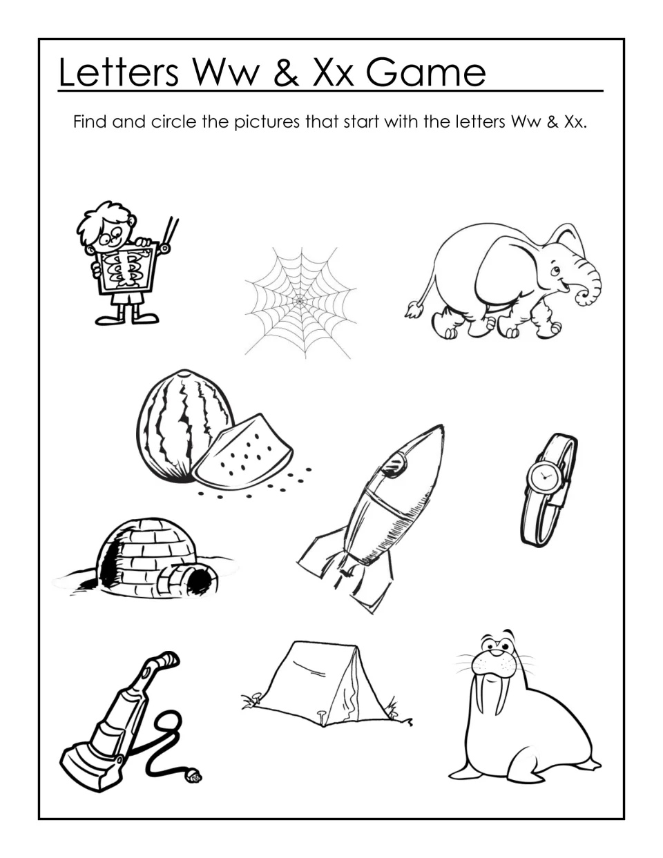 Letters Ww & Xx Game: children circle pictures starting with W or X, such as walrus, watch, watermelon, web and x-ray