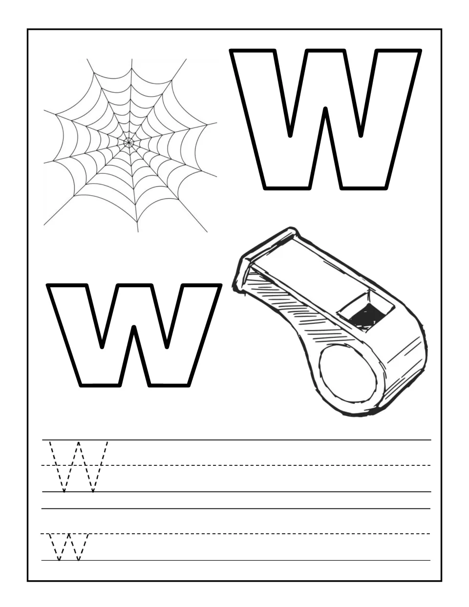 Letter W coloring and tracing: bubble W and w with a spider web and whistle to color, then dotted W and w to trace