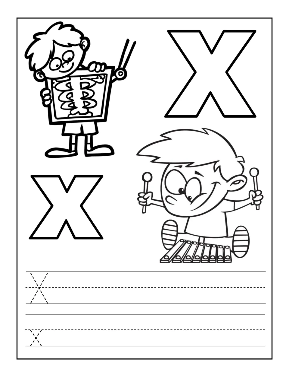 Letter X coloring and tracing: bubble X and x with a child holding an x-ray and a xylophone player, then dotted X and x