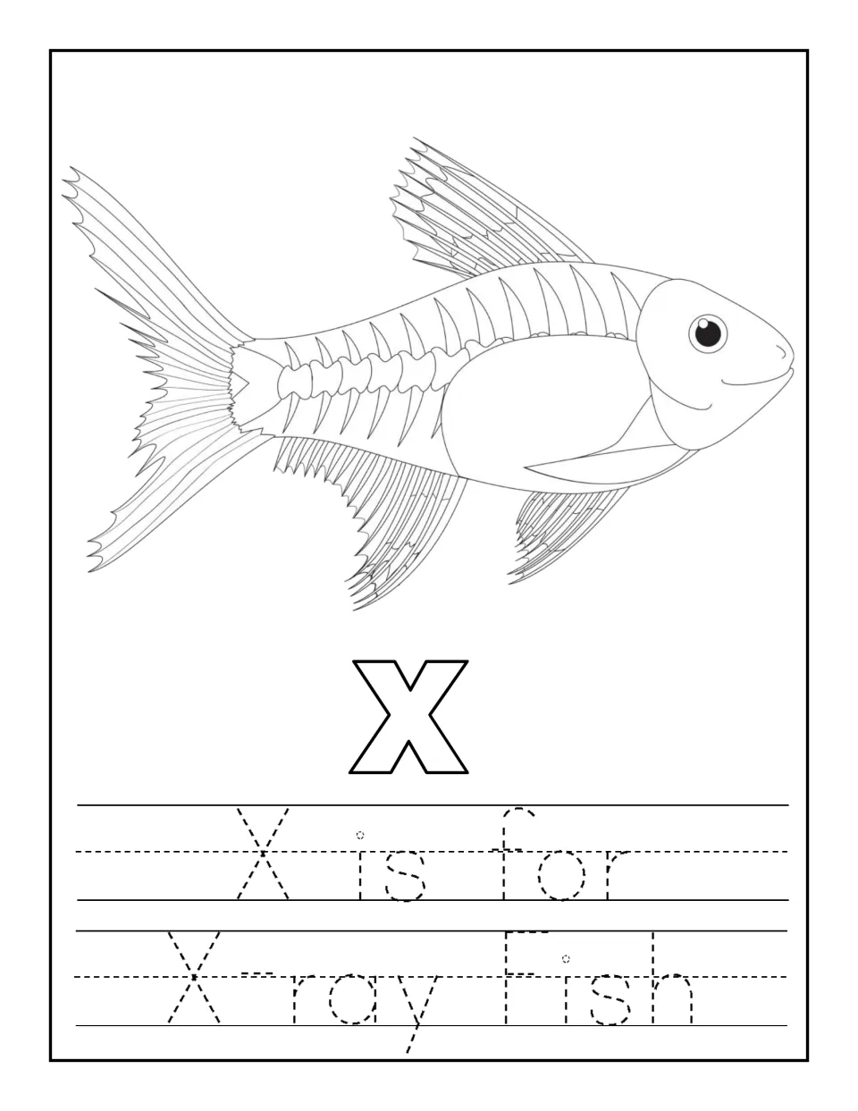 X is for X-ray Fish: students color an x-ray fish and bubble X, then trace the dotted sentence 'X is for X-ray Fish'