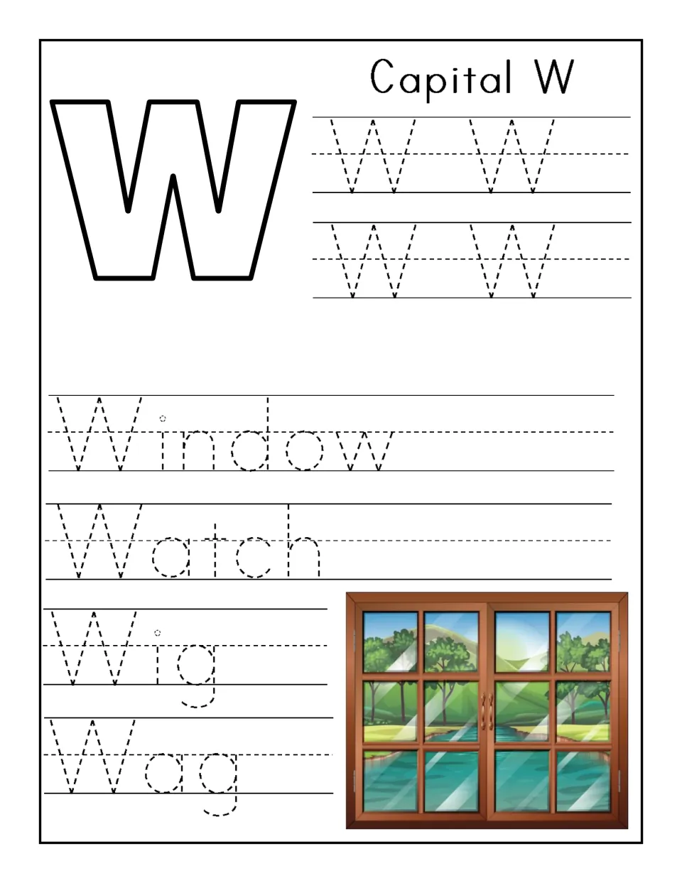 Capital W handwriting: students trace capital W, then the words Window, Watch, Wig and Wag beside a window picture
