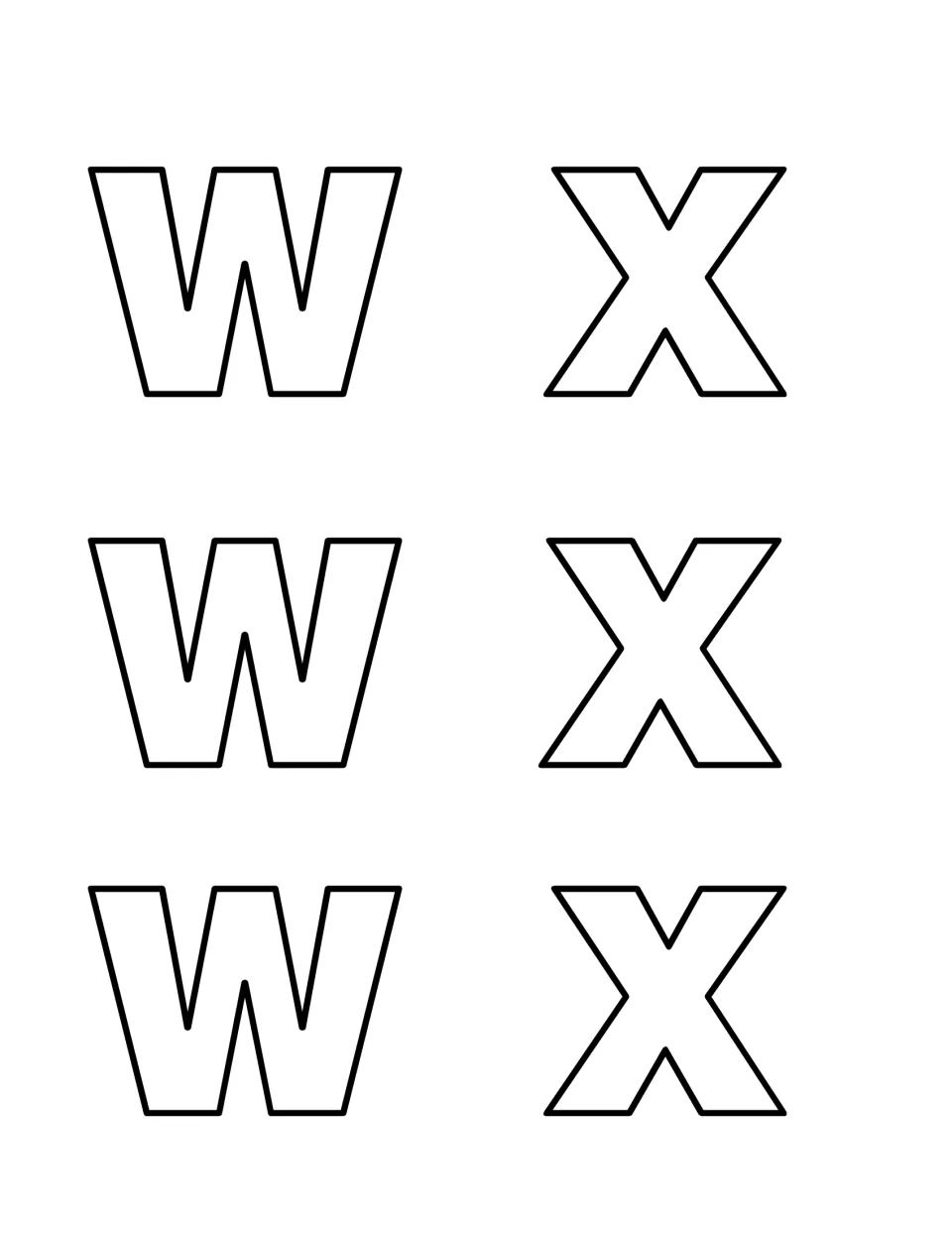 Uppercase letter cards: three outlined capital W and three capital X shapes to cut out and hide for the search game