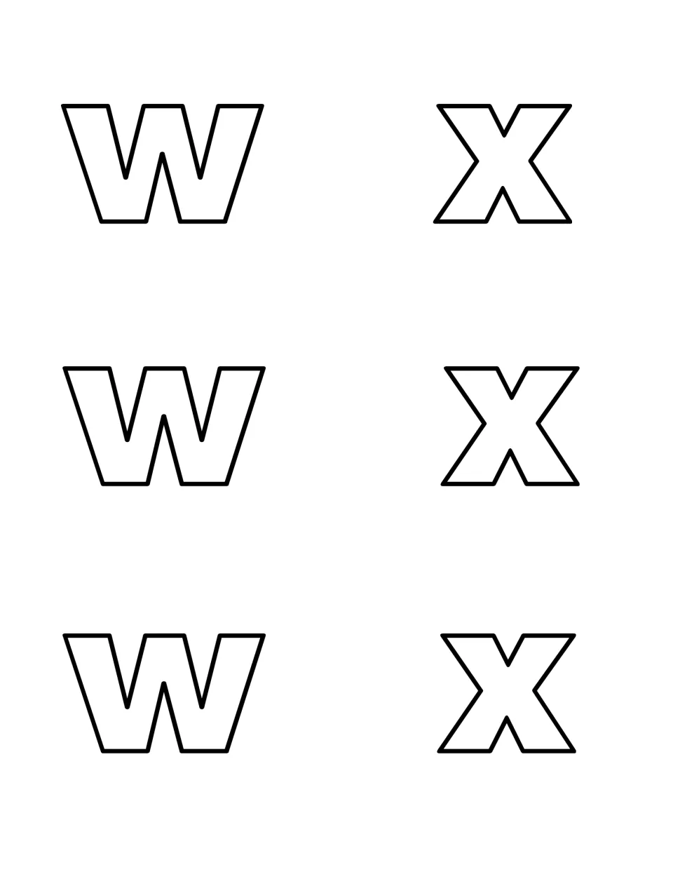 Lowercase letter cards: three outlined small w and three small x shapes for children to find after the capitals