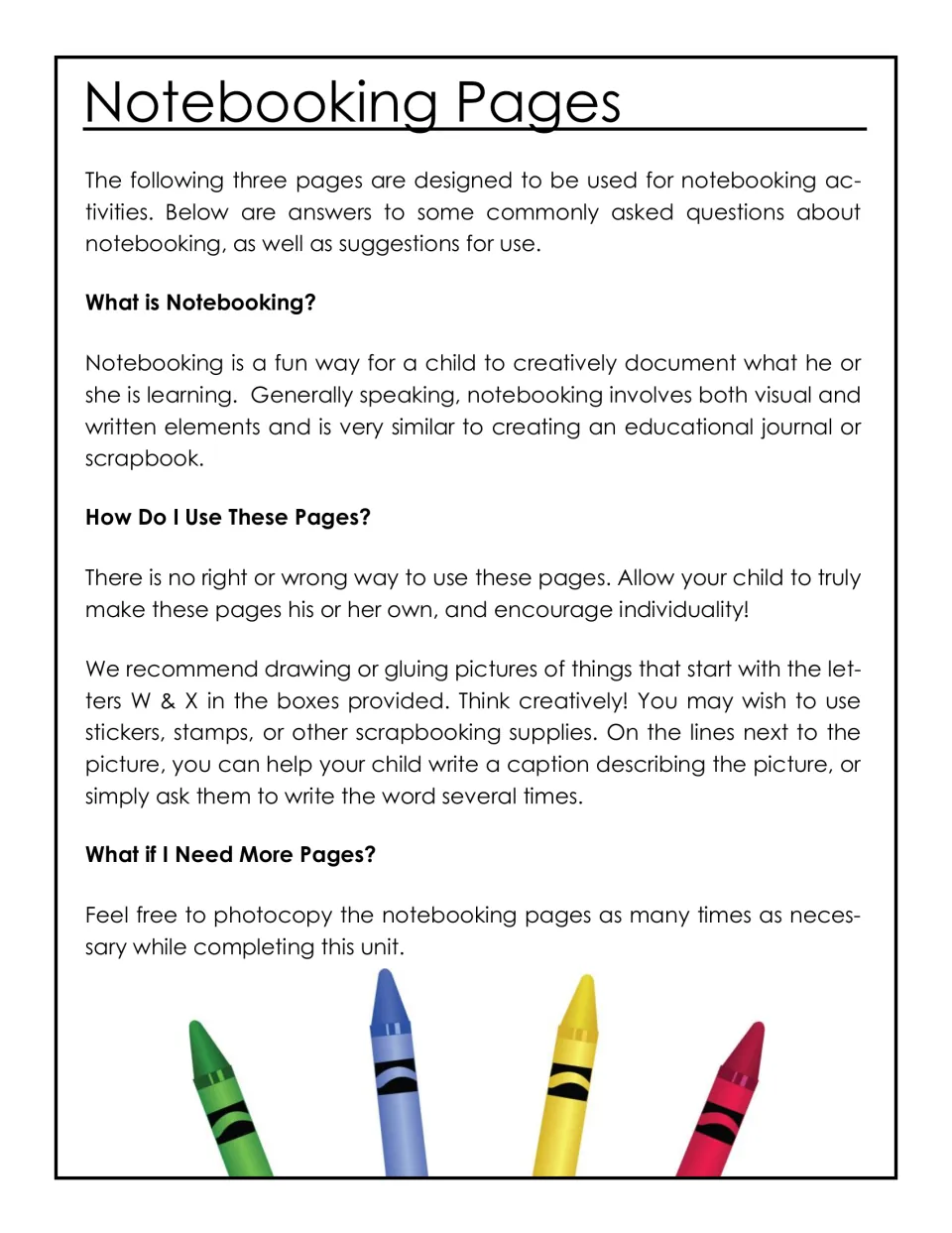 Notebooking Pages guide: answers what notebooking is and suggests drawing or gluing pictures of W and X words to caption