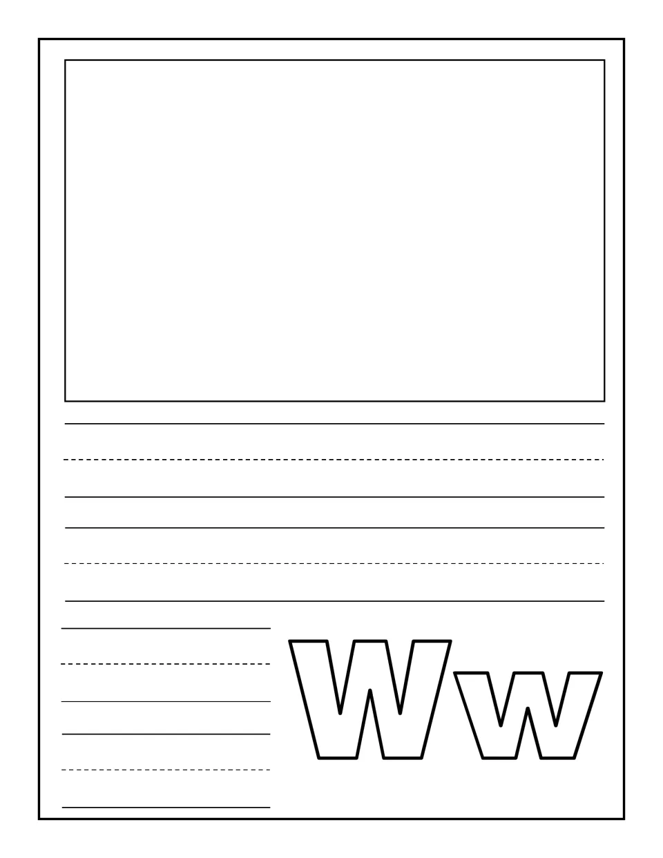 Letter Ww notebooking page: children draw or glue one picture of a W word, then write its name for printing practice