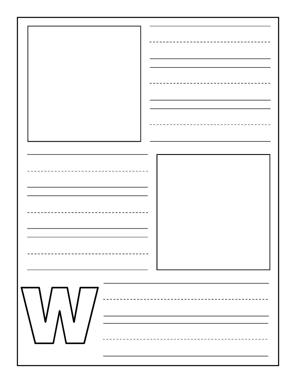 Uppercase W notebooking page: children illustrate two things that begin with W and print a caption beside each picture