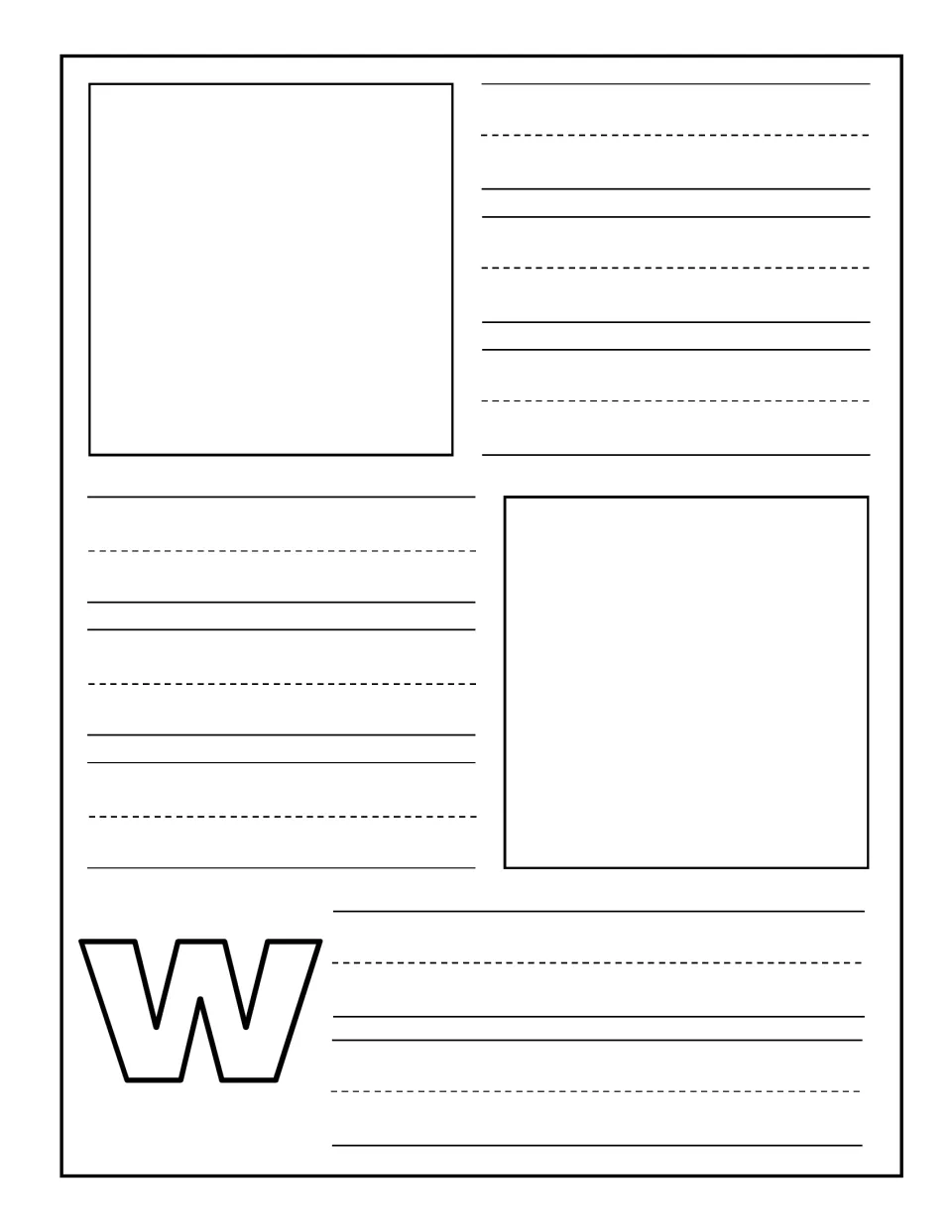 Lowercase w notebooking page: children draw or glue two pictures of w words and practise writing each word beside it