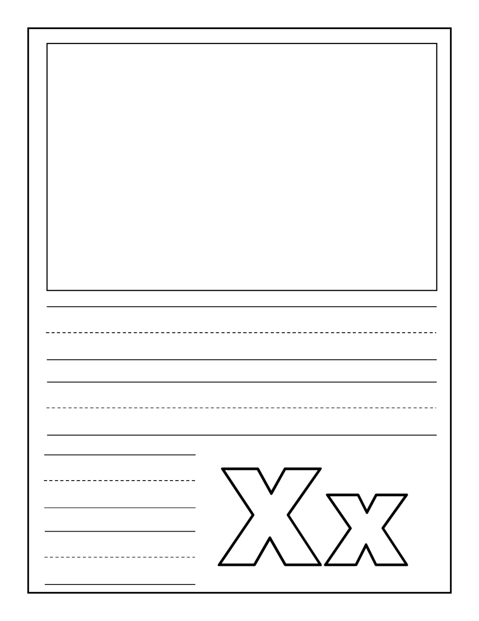 Letter Xx notebooking page: children draw or glue a picture of something with X, then write a caption or copy the word
