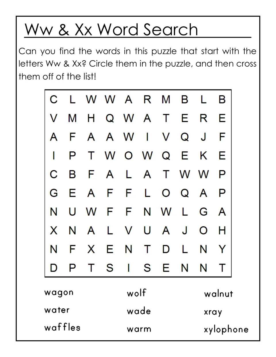 Ww & Xx word search: students circle 9 words such as wagon, waffles, wolf, xray and xylophone, then cross them off