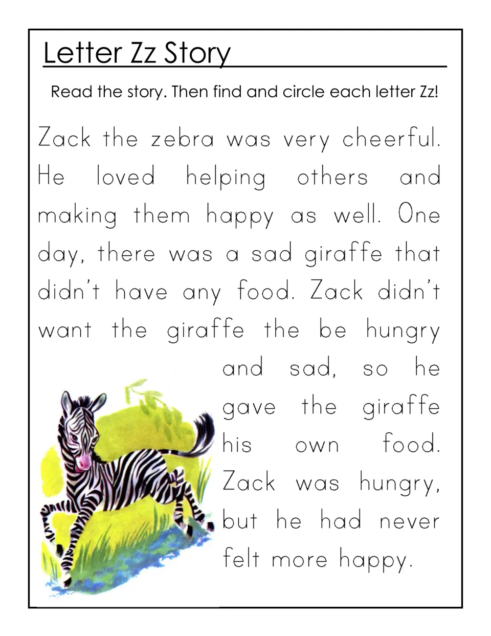 Letter Zz story about Zack the zebra giving his food to a hungry giraffe; students find and circle each Z and z
