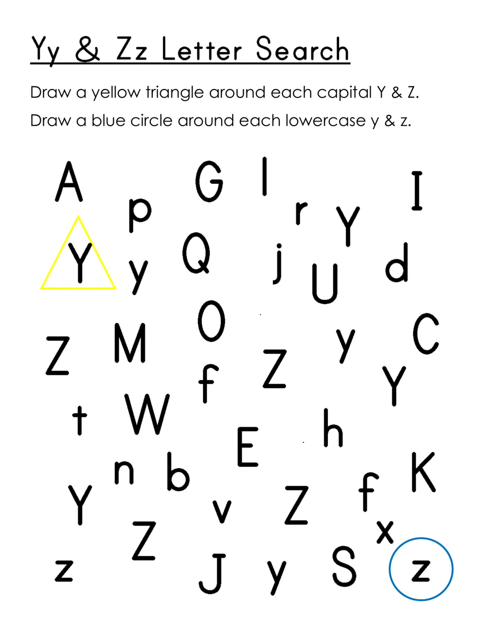 Yy & Zz letter search: students draw yellow triangles around capital Y and Z and blue circles around lowercase y and z