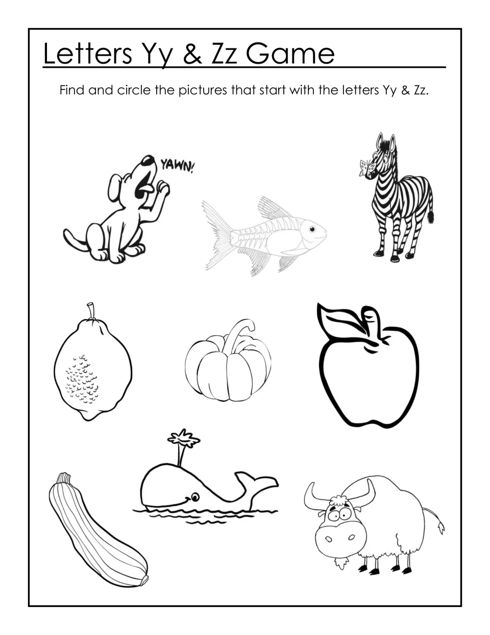 Letters Yy & Zz Game: students circle pictures starting with Y or Z, such as a yak, zebra, zucchini and a yawning puppy