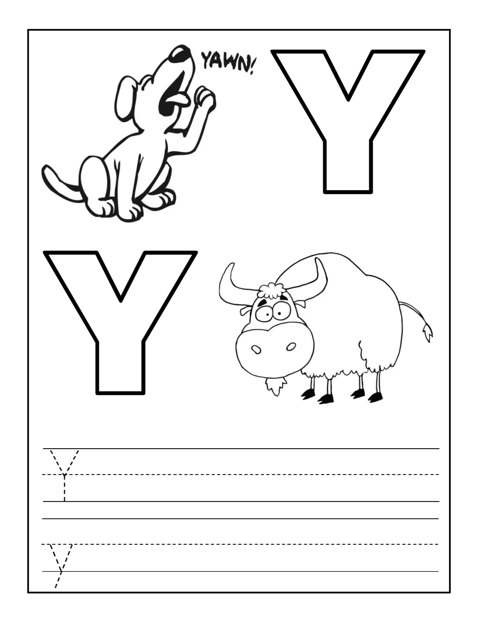 Letter Y: a yawning dog, a yak and outline Y letters to color, plus dotted uppercase Y and lowercase y to trace