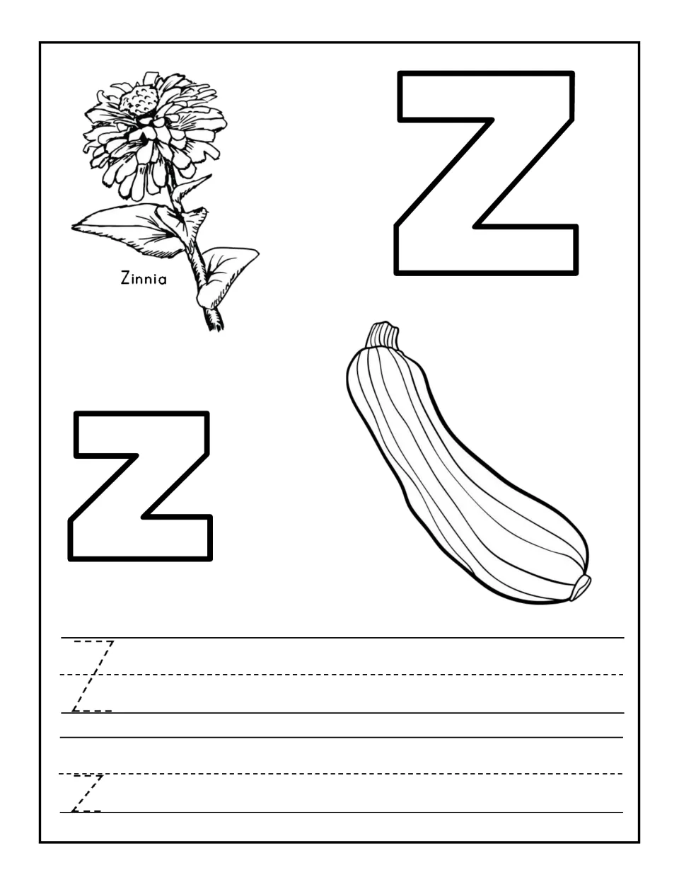 Letter Z: a zinnia, a zucchini and outline Z letters to color, plus dotted uppercase Z and lowercase z to trace