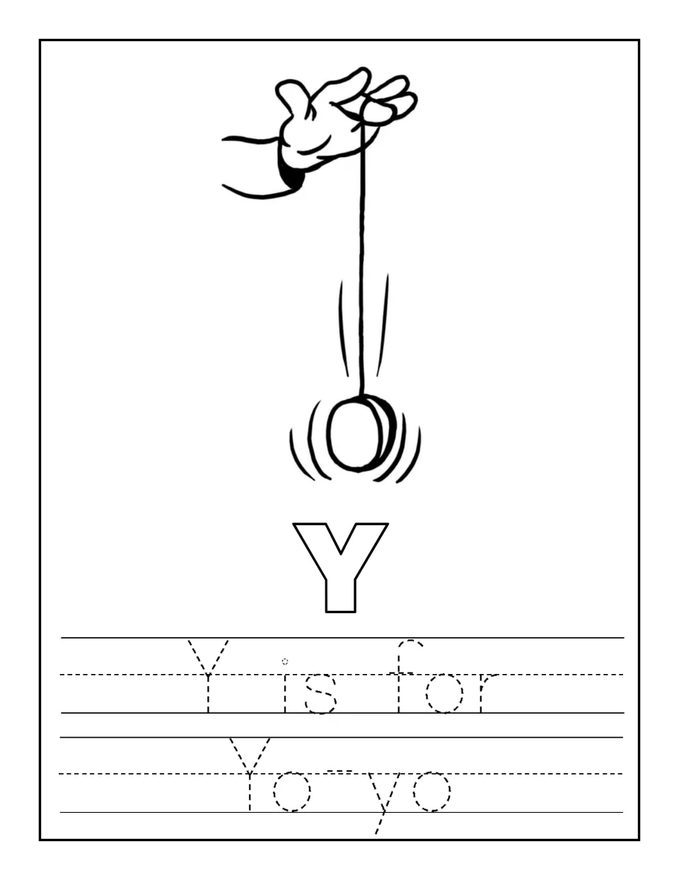 Y is for yo-yo: a hand spinning a yo-yo above an outline Y, with the dotted sentence 'Y is for Yo-yo' to trace