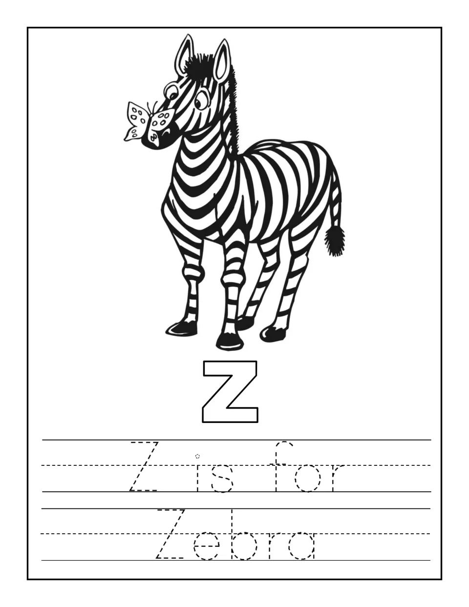 Z is for zebra: a zebra with a butterfly on its nose above an outline Z, with the dotted sentence 'Z is for Zebra' to trace