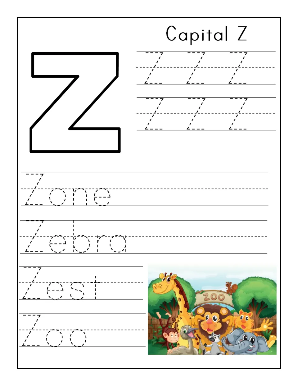 Capital Z: students trace rows of dotted capital Z, then the words Zone, Zebra, Zest and Zoo beside a zoo picture