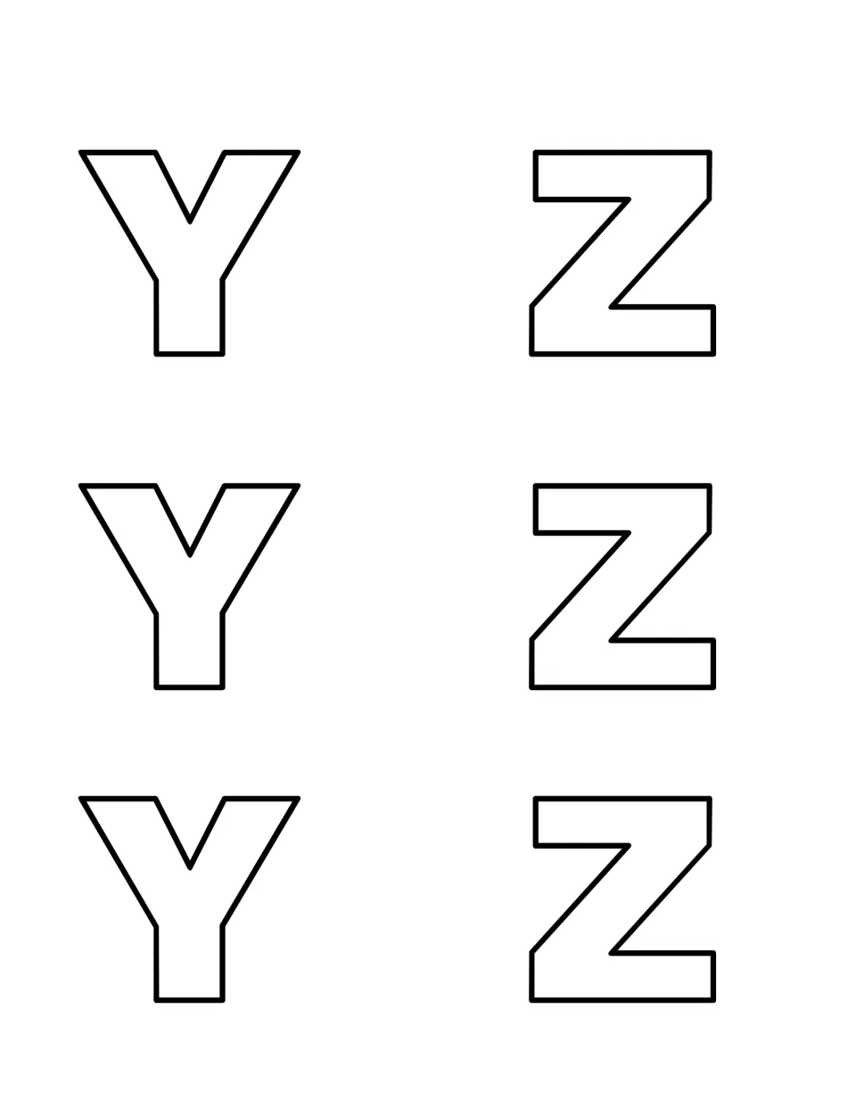 Capital letter Y and Z cut-outs: three outlined uppercase Y and three uppercase Z to print on card stock and hide