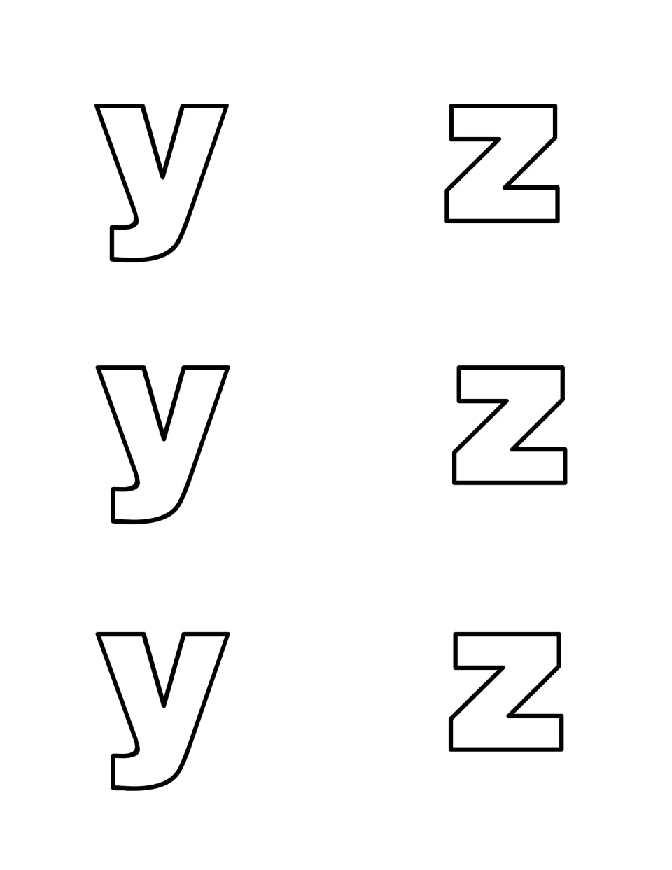 Lowercase y and z cut-outs: three outlined y and three outlined z letters to hide for children to find around the room