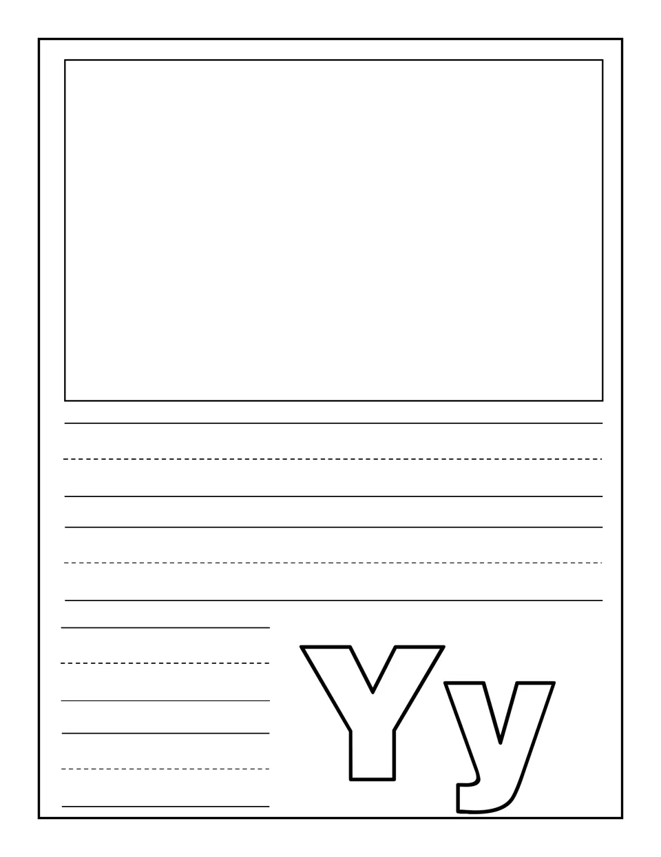 Letter Yy notebooking: children draw or glue a picture of a Y word, then write a caption or copy the word for handwriting
