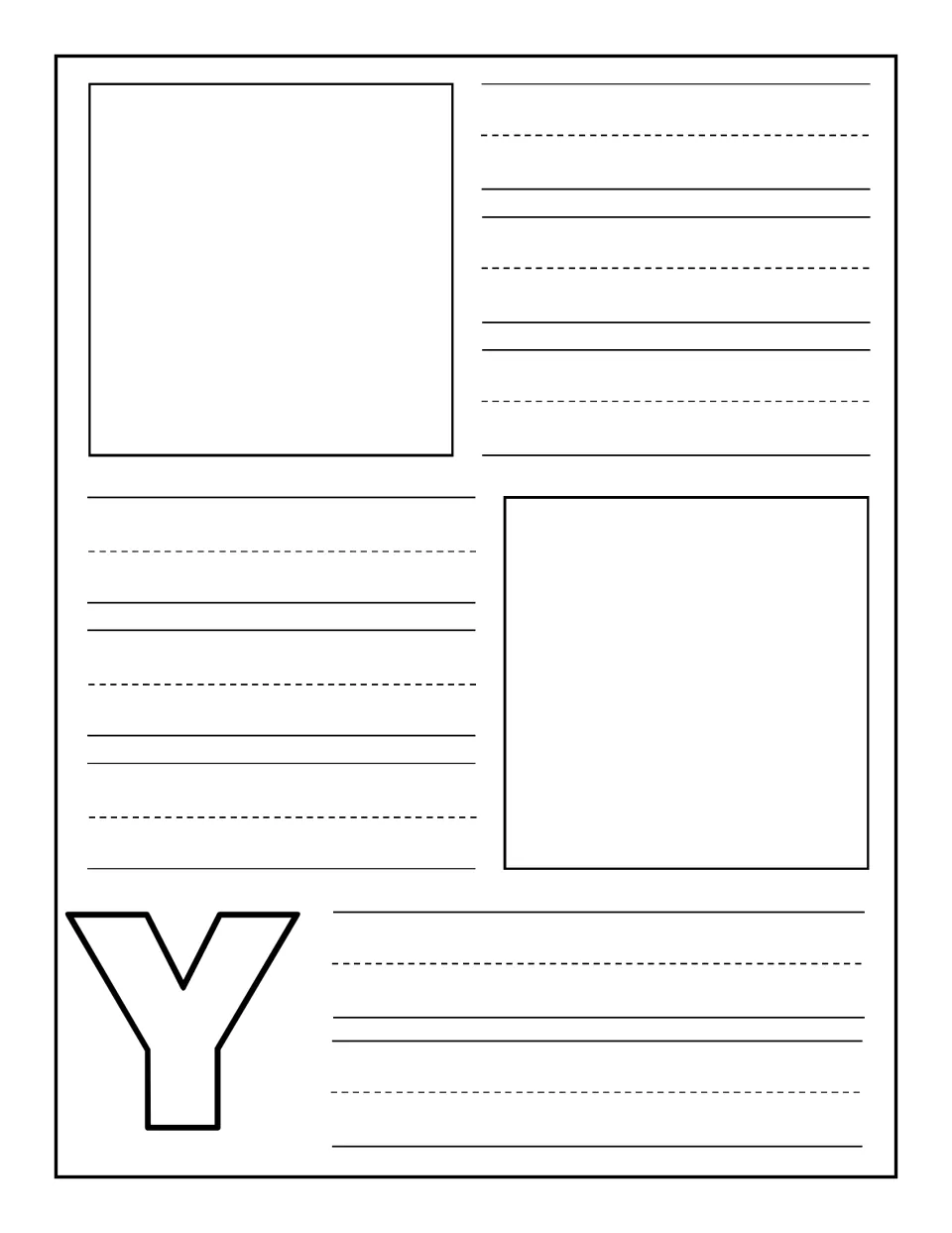 Uppercase Y notebooking: children draw or glue two pictures of things starting with Y and write each word beside them