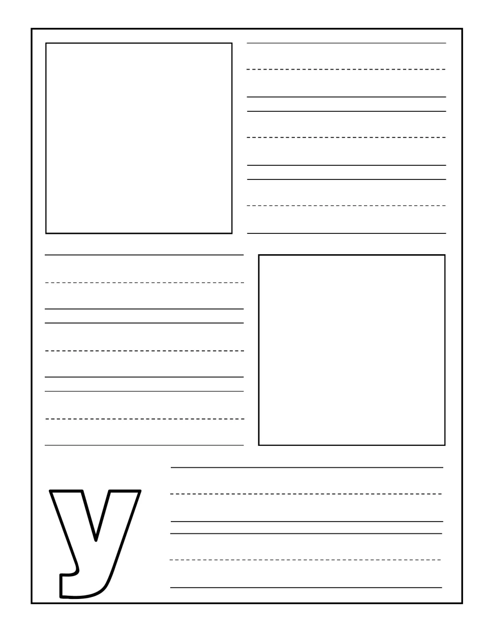 Lowercase y notebooking: children illustrate two words that begin with y and practise printing each word several times