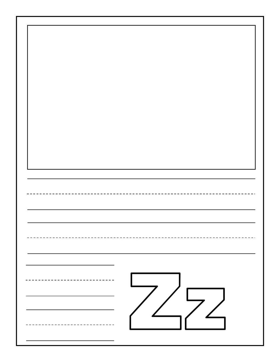 Letter Zz notebooking: children draw or glue one picture of something that starts with Z and write a caption about it