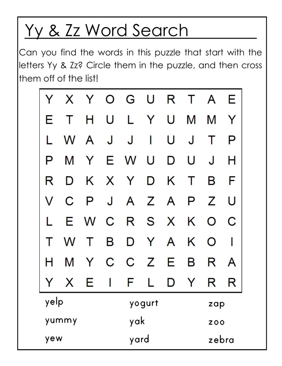 Yy & Zz word search: students find and circle 9 words such as yogurt, yak, zebra and zoo, then cross them off the list