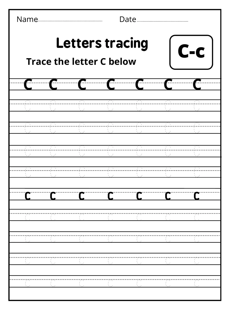Letters tracing C-c: students trace rows of dotted uppercase C and lowercase c after a solid model letter in each row