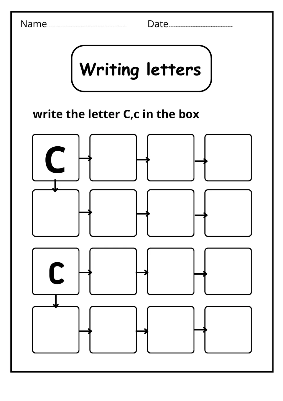 Writing letters: following arrows, students copy uppercase C and lowercase c into empty spaces after each model letter
