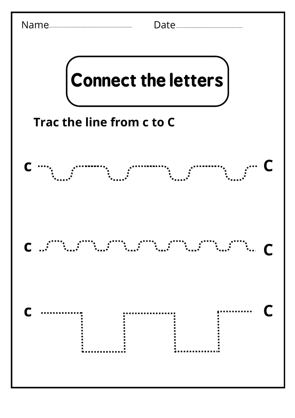 Connect the letters: students trace dotted wavy, curvy and stepped paths from lowercase c to uppercase C for pencil control