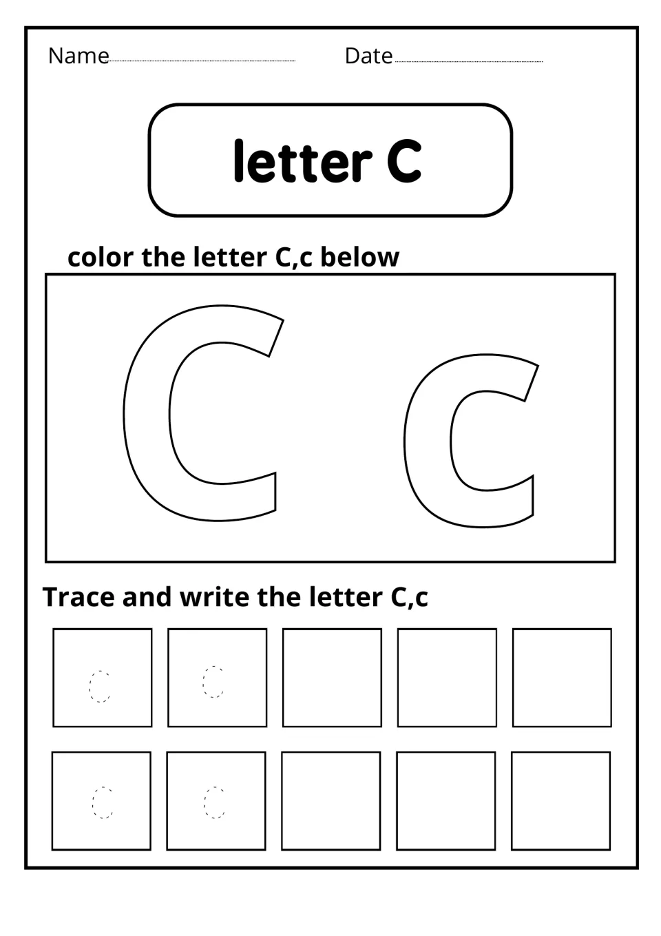Letter C: students color large outlined C and c, then trace dotted lowercase c and write the letter C,c in practice spaces