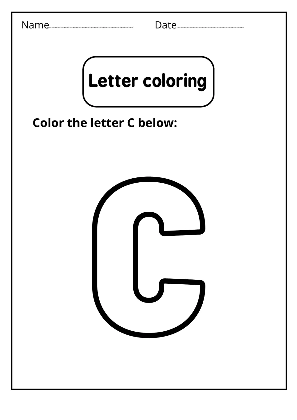 Letter coloring: students color one large bubble-outline uppercase C to practise recognizing the capital letter shape