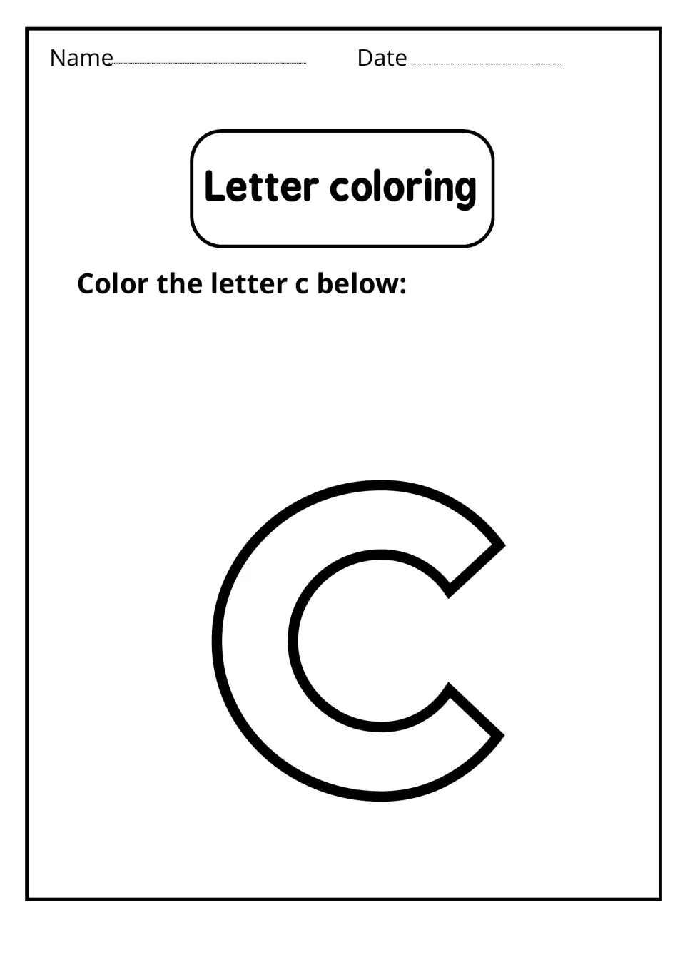 Lowercase c coloring: students color one large outlined lowercase c to build recognition of the small letter form