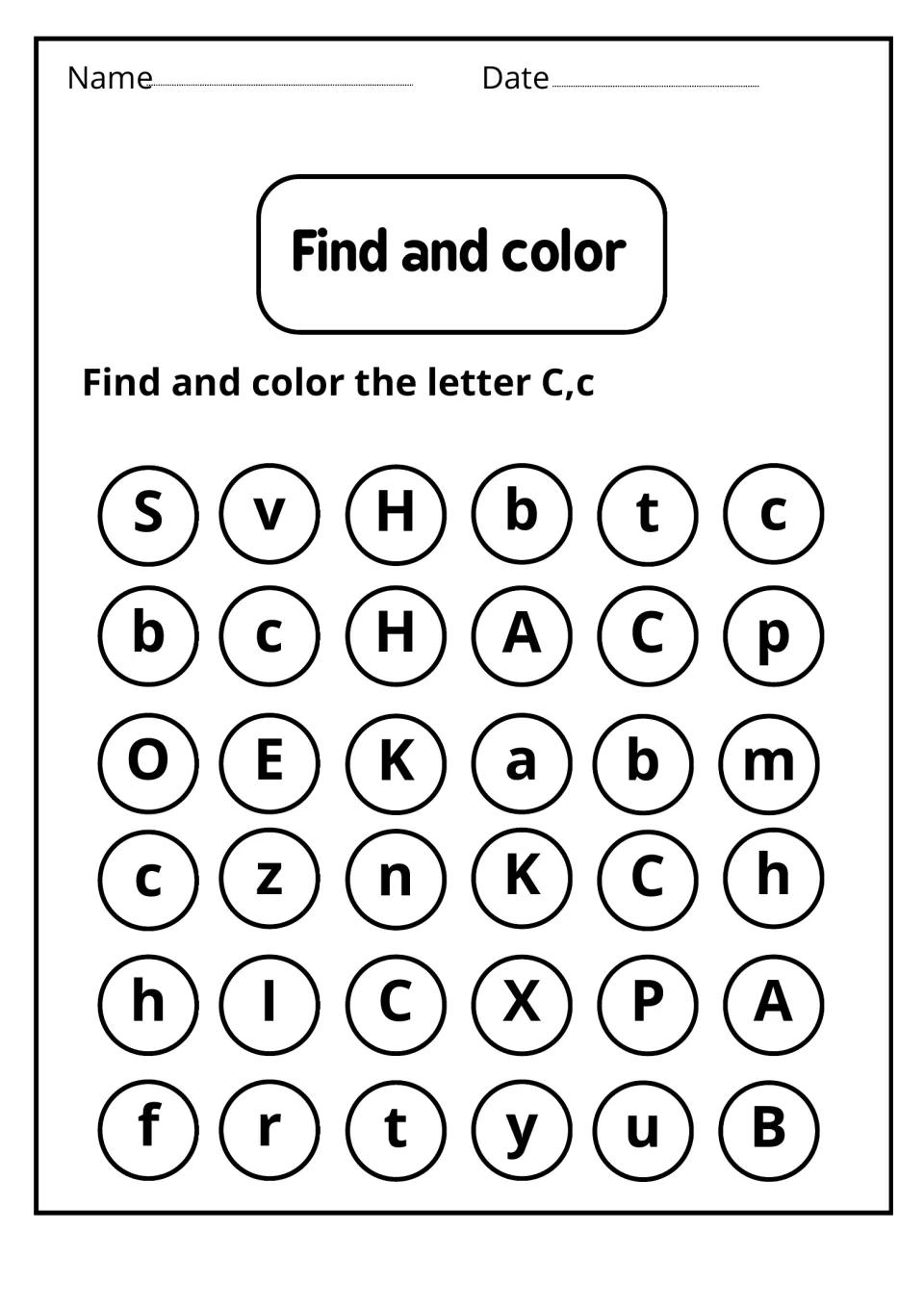Find and color: students color every uppercase C and lowercase c among 36 mixed letters in circles for letter recognition