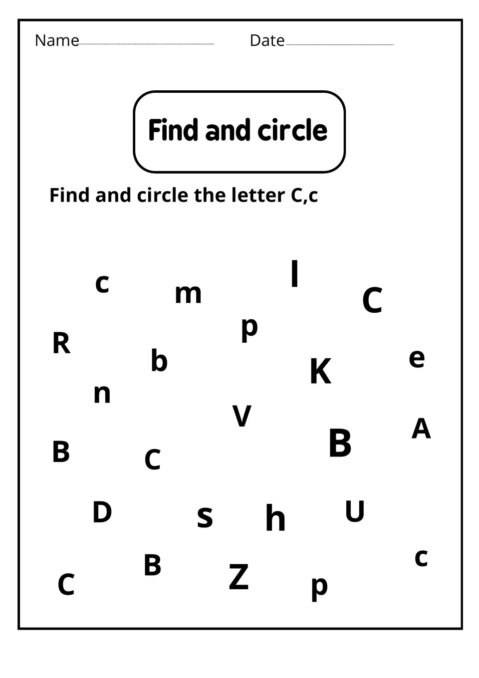Find and circle: students circle each C and c scattered among mixed capital and lowercase letters for visual discrimination