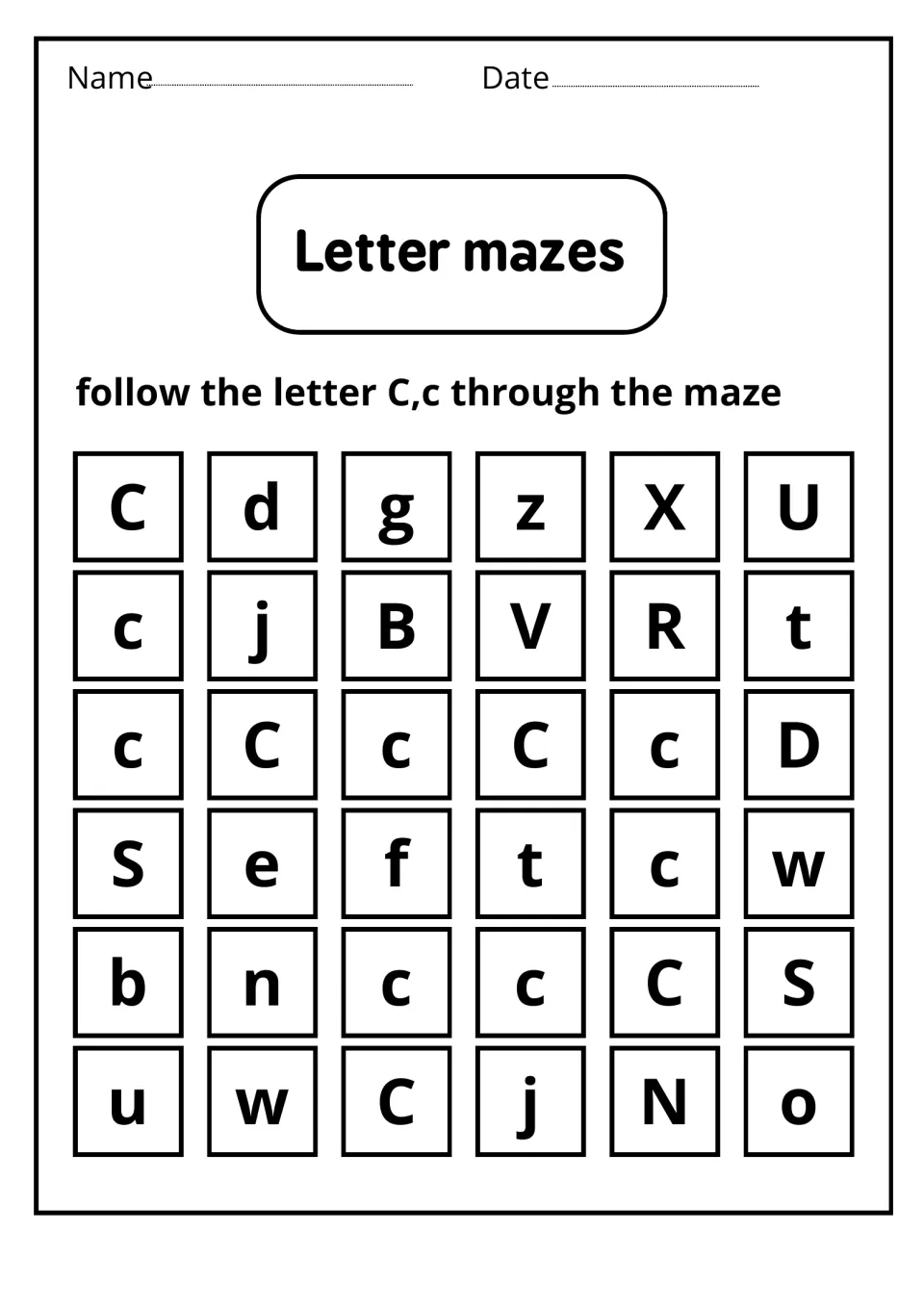 Letter mazes: students follow a path of C and c letters from top left to the bottom row, skipping other letters