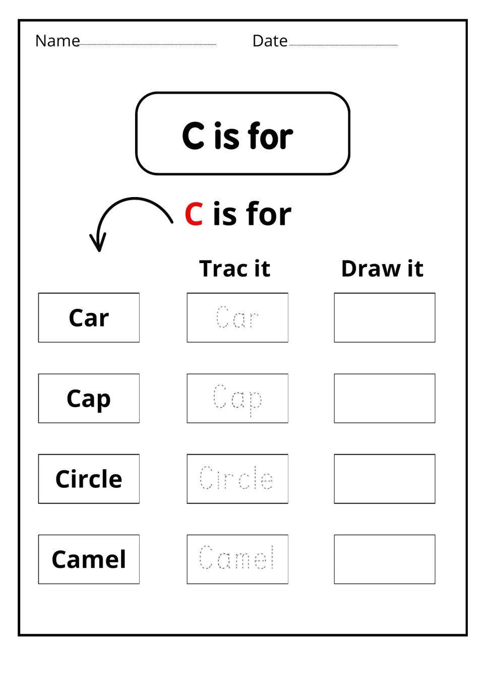 C is for: students trace the words car, cap, circle and camel, then draw a picture of each beginning-sound C word