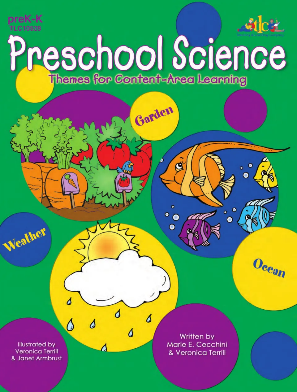 Preschool Science cover for preK-K: Garden, Ocean and Weather themes shown with vegetables, fish and a rain cloud