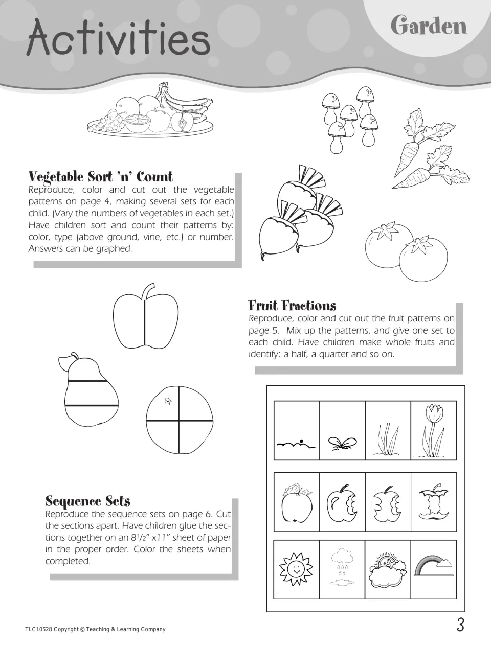 Garden activities: children sort and count vegetable cutouts, find fruit halves and quarters, and order sequence cards