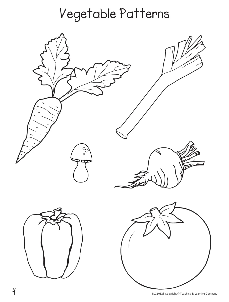 Vegetable patterns to color and cut out: carrot, leek, mushroom, beet, bell pepper and tomato for sorting and counting
