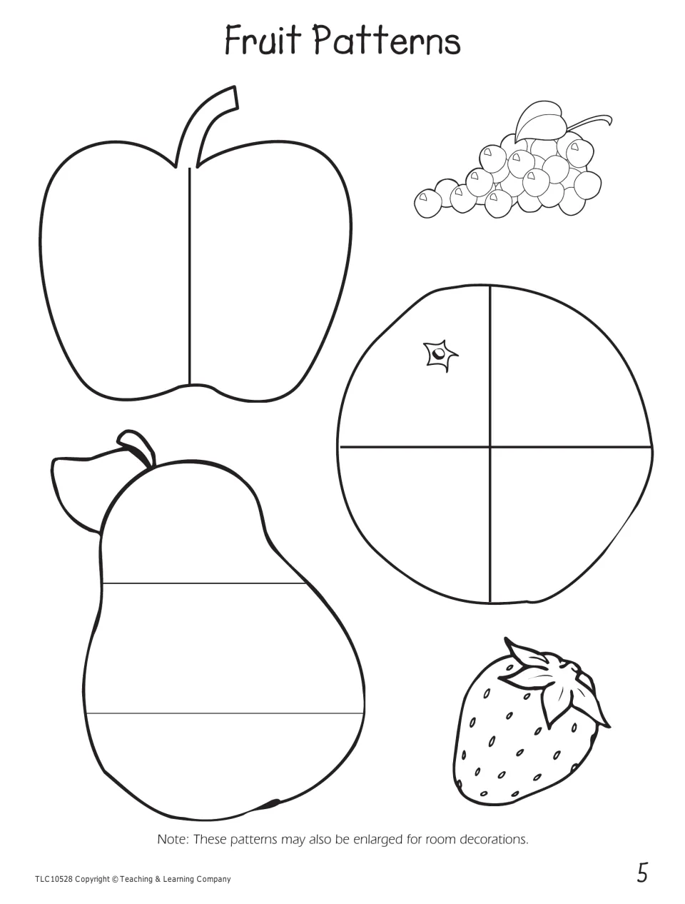 Fruit patterns for fractions: apple in halves, orange in quarters, pear in thirds, plus grapes and strawberry