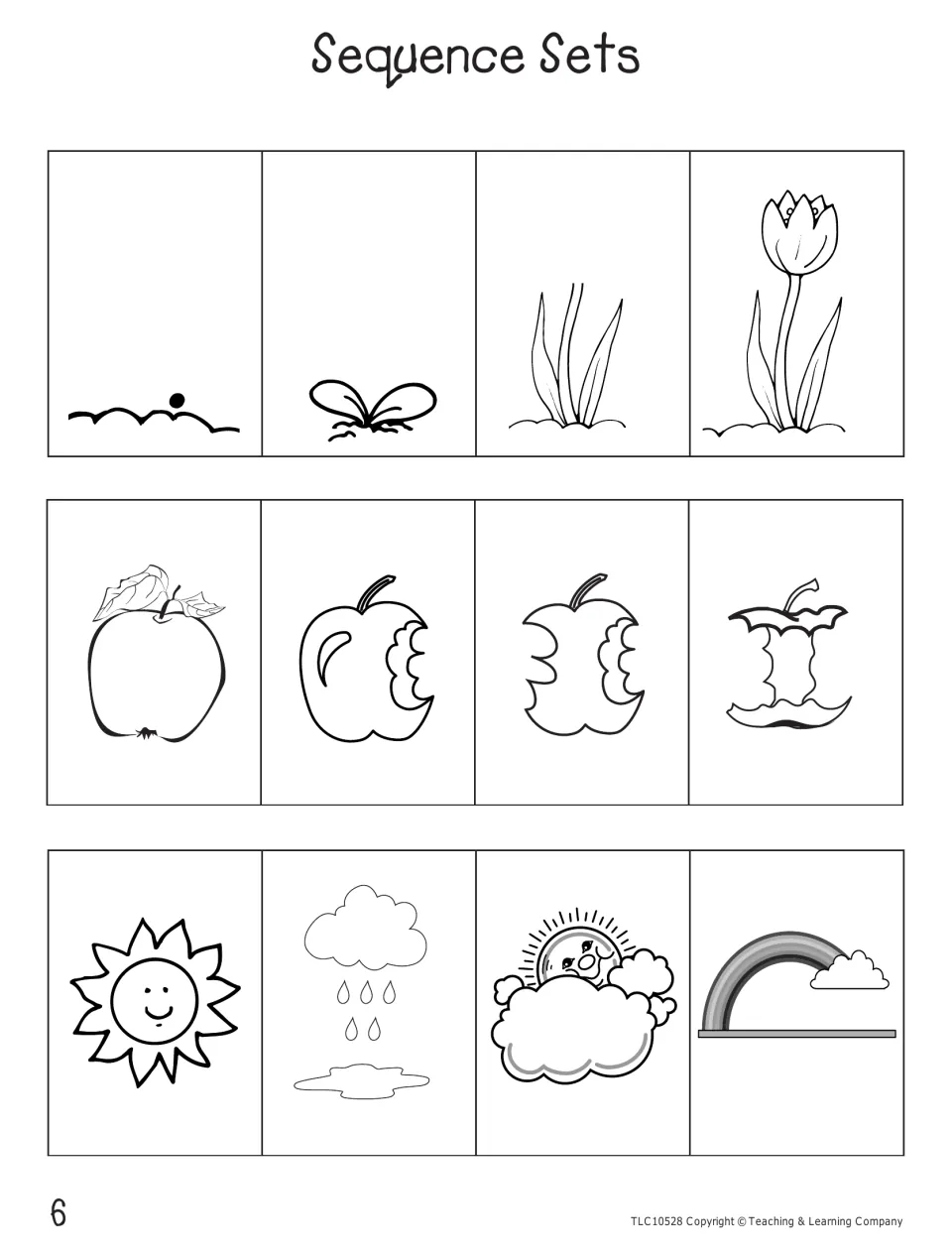 Sequencing cards: order a seed growing into a tulip, an apple eaten to the core, and sun, rain, then a rainbow
