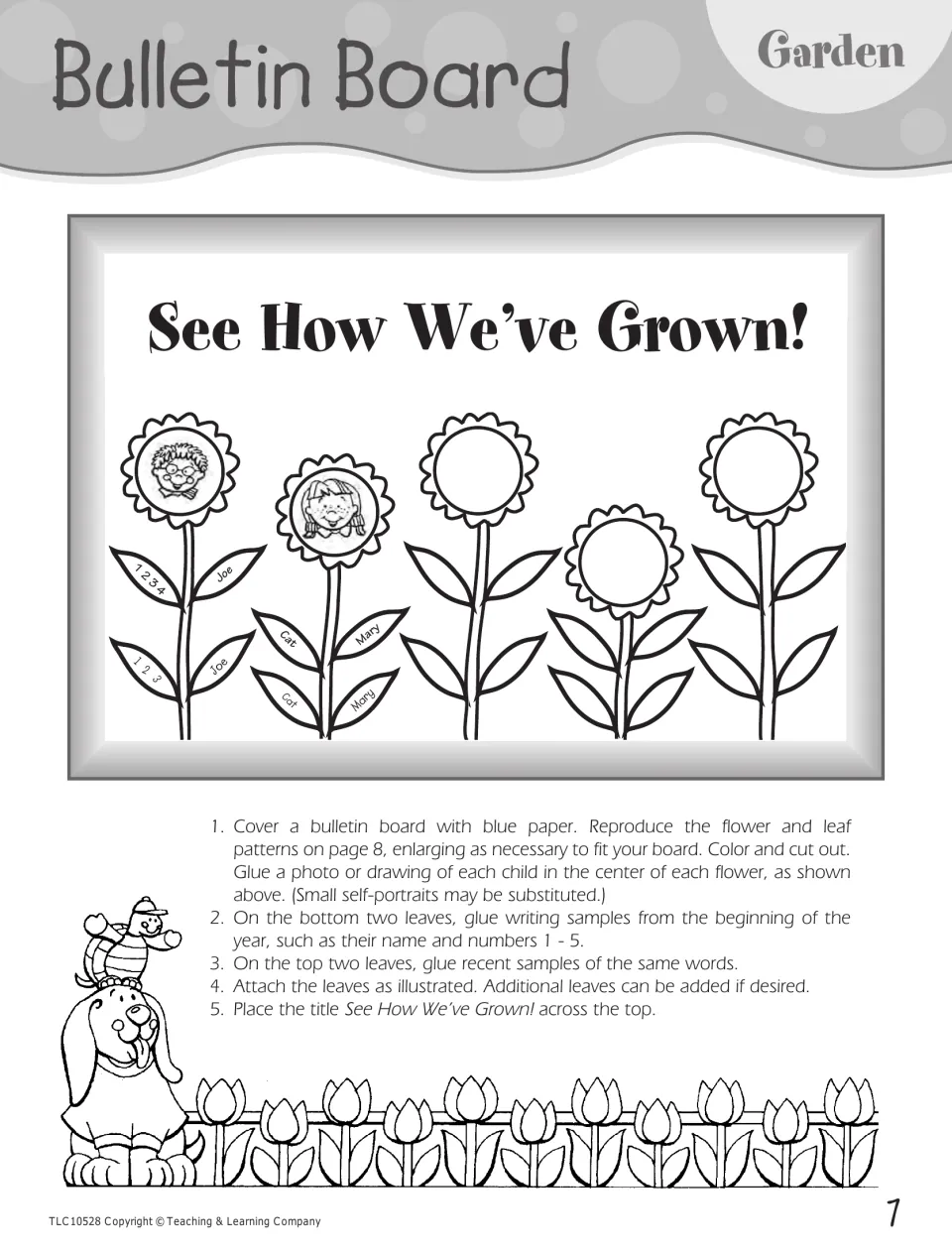 See How We've Grown! bulletin board: flowers hold each child's photo, leaves show early and recent writing samples