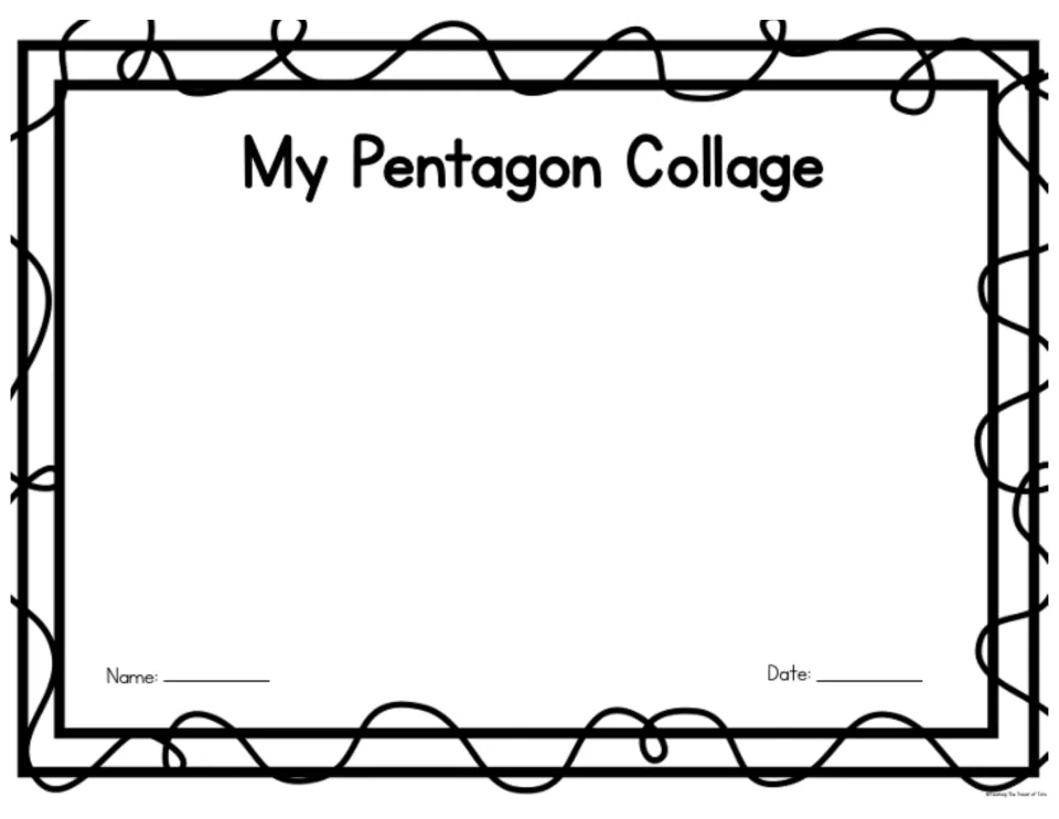 My Pentagon Collage: learners glue cut pentagons onto the mat to create five-sided shape art, then add name and date