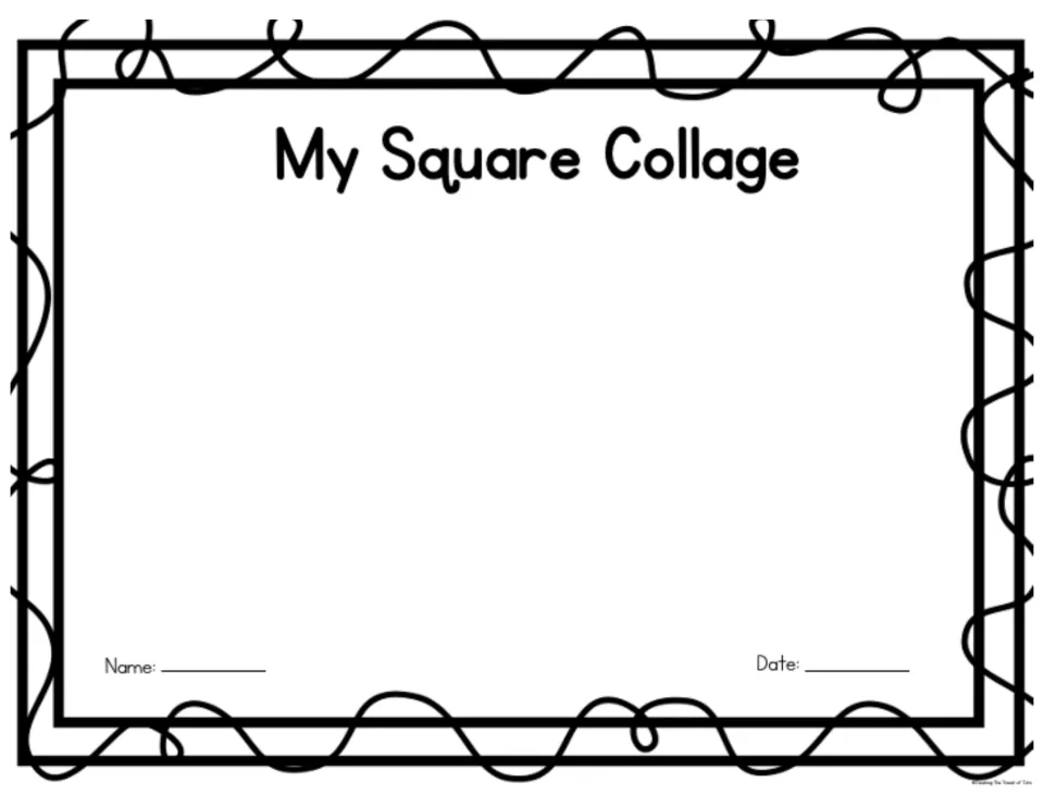 My Square Collage: students layer cut paper squares on the mat to make square shape art and write their name and date