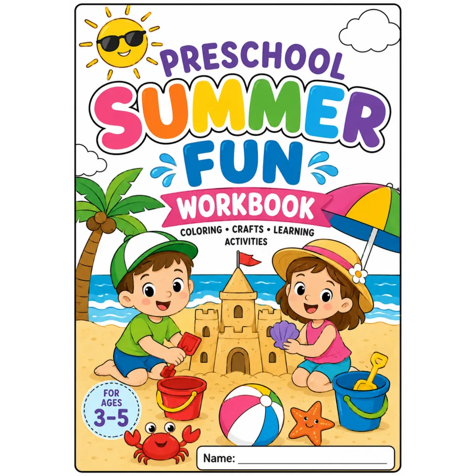 Preschool Summer Fun Workbook cover for ages 3-5: coloring, crafts and learning activities, kids building a sandcastle