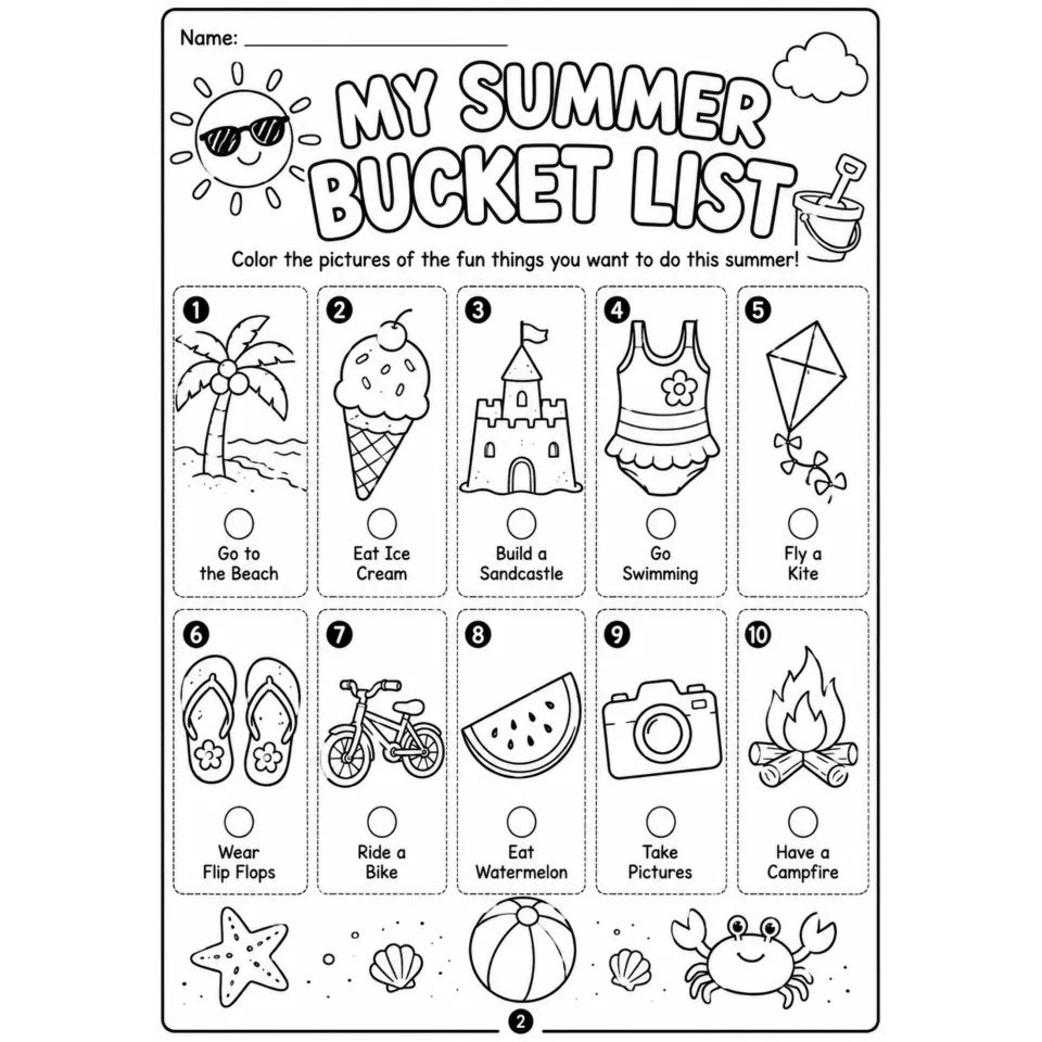 My Summer Bucket List: students color pictures of 10 summer activities they want to do, like fly a kite or eat watermelon