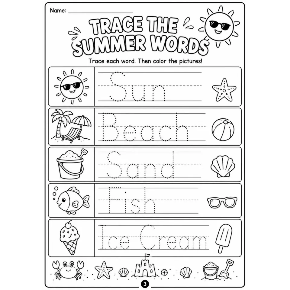 Trace the Summer Words: students trace Sun, Beach, Sand, Fish and Ice Cream for handwriting practice, then color pictures